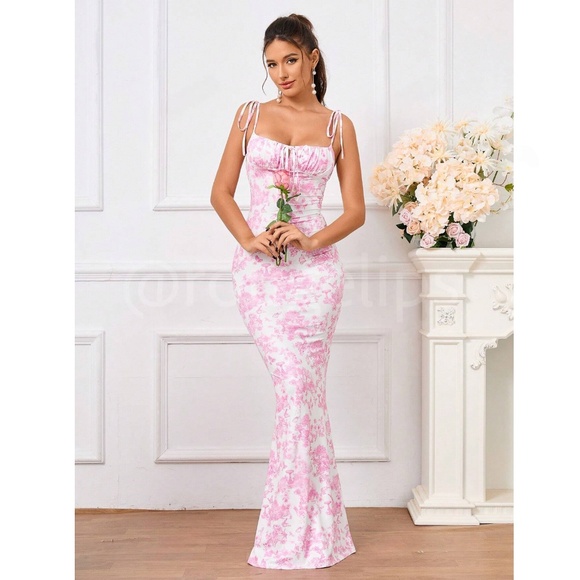 Floral Print Pink on White Long Dress Sheath, Drawstring Ties Maxi Stretchy - Picture 4 of 15